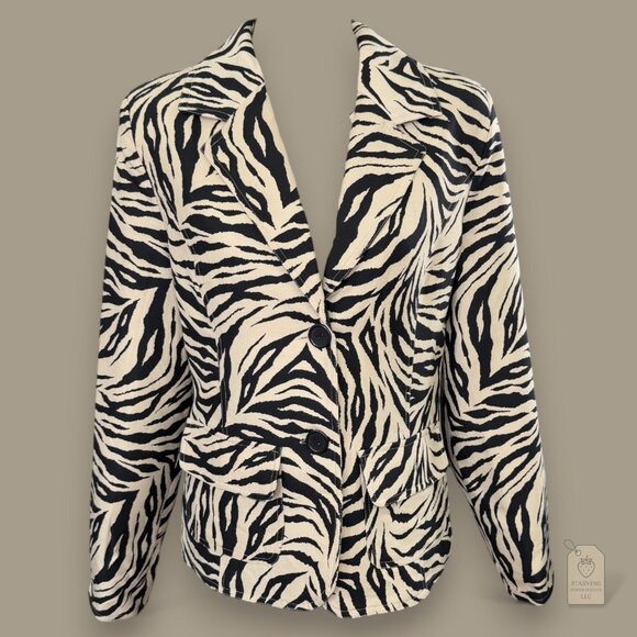 Silk Blend Zebra Print Blazer Jacket Structured Mob Wife Statement Coat L 12 - Picture 1 of 9